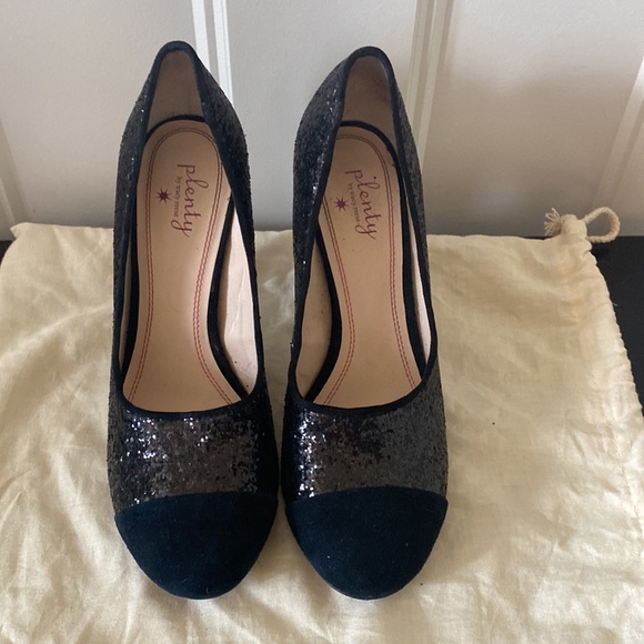 ANTHROPOLOGIE black glitter heels with suede cap toe Plenty by Tracy Reese - Picture 2 of 9